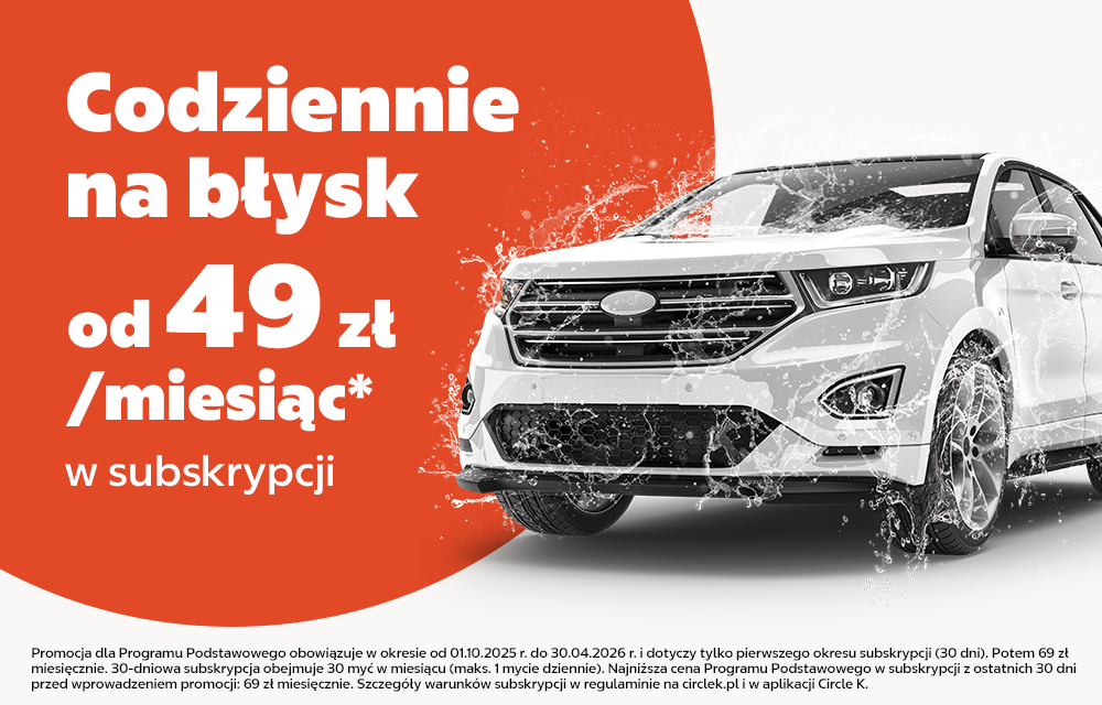 Grafika przestawiająca promocje na subskrypcje myjni na stacjach Circle K. 