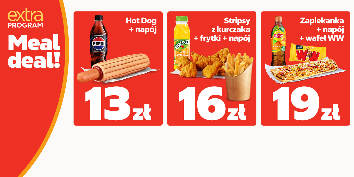 Grafika ukazuje 3 zestawy Meal Deal które oferuje stacja Circle K.