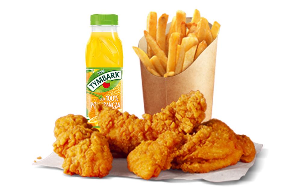 Stripsy z kurczaka z frytkami i napojem