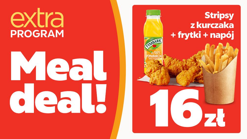 Zestaw meal Deal przestawiający stripsy z kurczaka, frytki i napój na stacji Circle K.